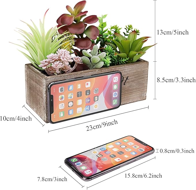 Hopewood Artificial Succulent Plants Arrangement in Wooden Planter, Fake Succulents Plants in Rustic Wood Box, Faux Succulent in Rectangular Pot, Centerpiece, Home Office Shelf Indoor Decor Plants