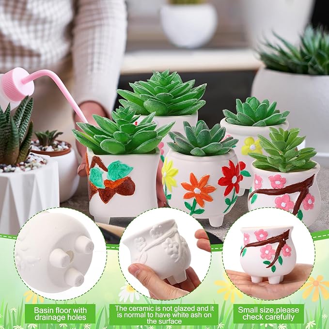 Leitee 18 Pcs Paint Your Own Ceramic Pot Bulk Fall Succulent Pots Ready to Paint Small Pot Mini Succulent Planters Pottery Painting for Spring Valentine Easter Craft(Lovely Flowers)