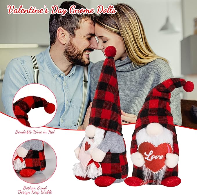 2 Pack Valentine Day Gnomes, Buffalo Gnome Doll Decorations for Home, Handmade Gnome Valentines Decor, Scandinavian Tomte Gnome Doll, Valentines Gifts for Mantel Sofa Table Decorations