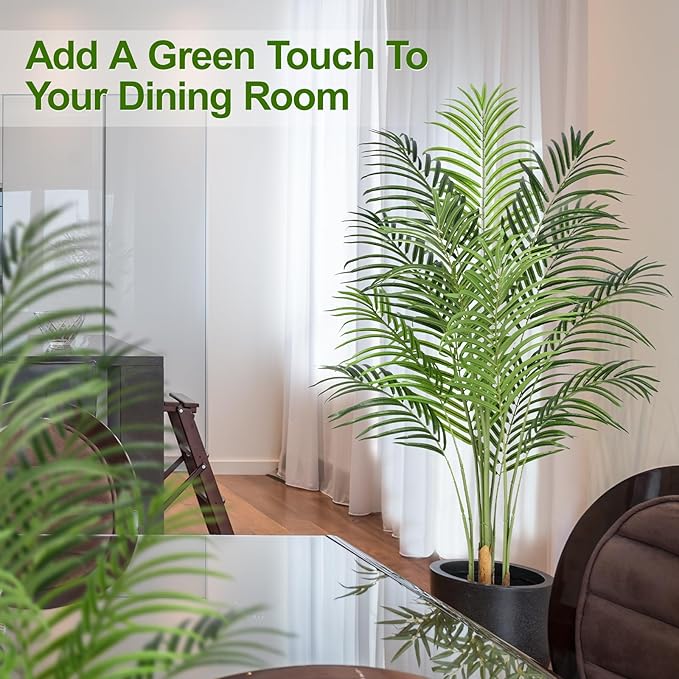 5ft Artificial Palm Tree Indoor Plant Tall Fake Tropical Paradise Palm Tree in Pot with Real Bark Design Faux Areca Palm Tree for Home Office Living Room Bedroom Farmhouse Modern Decor 1pcs
