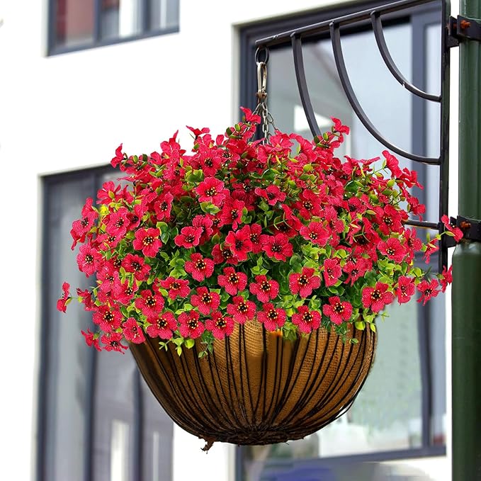12 Bundles Artificial Flowers for Outdoors UV Resistant, Realistic Fake Silk Flowers Outside Fade-Proof Faux Plants for Outdoor Planters Window Box Front Porch-Red