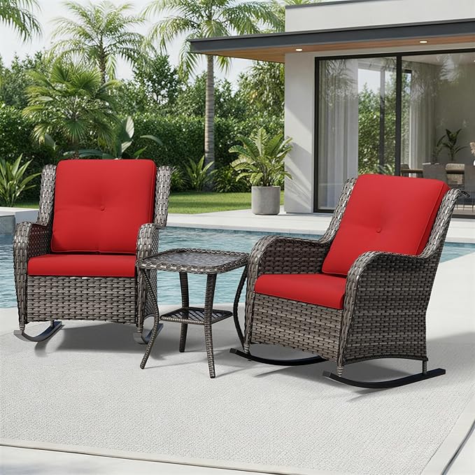 Joyside 3 Piece Wicker Patio Furniture Set, Outdoor Rocking Chair with High Back, Deep Seating, Wide Armrest, Thickened Cushions, Outdoor Rattan Furniture for Deck, Porch Use