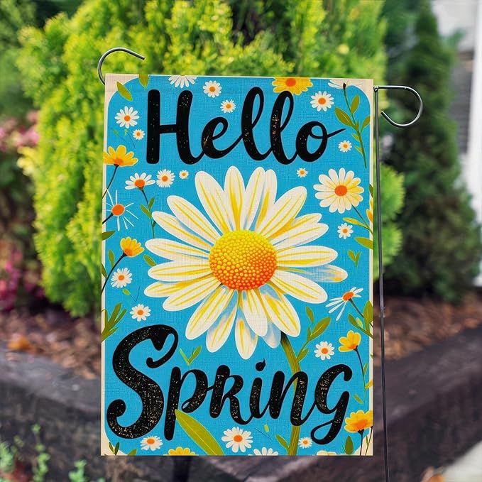 Spring Garden Flag Spring Yard Flag Vibrant Daisy "Hello Springs" Backdrop Design Double-Sided 12x18 Inches Garden Flags for Outside Yard Flag for Seasonal Outdoor Decor