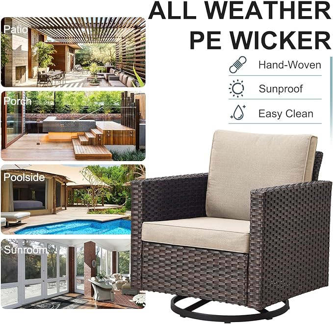 Belord 6 Piece Outdoor Furniture Patio Wicker Sofa Set, Oversize Outdoor Swivel Rocker Chairs with Rattan Ottomans, Conversation Sets Patio Furniture Come with Removable Washable