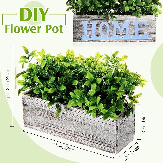 Lyrow 4 Pack Artificial Eucalyptus Plant in Rectangular Rustic Wooden Planter Box Faux Potted Herb Plant Table Centerpiece for Kitchen Windowsill Shelf Decor (White,11.4 '')