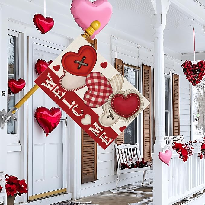 Welcome Valentine’s Day Romantic Love Hearts House Flag Big Large Burlap 28X40 Inch Vertical Double Sided Outside Yard Holiday Outdoor Farmhouse Decoration