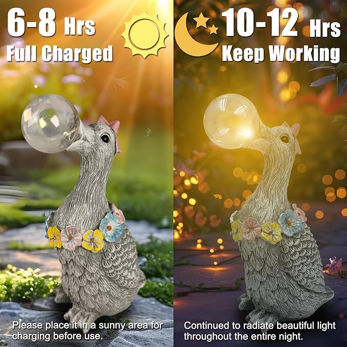 Porch Goose Statue with Solar Bubble Light Garden Gray Figurine Decor for Yard Lawn Patio Outdoor Decorations Housewarming Gifts for Mom Grandma Women