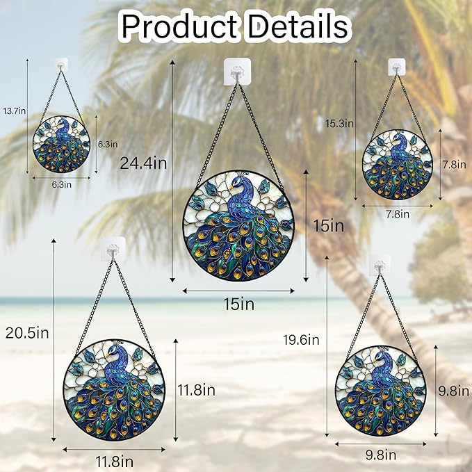 AMDERVEN Stained Glass Window Hanging - Peacock Blue Gold Feathers Sun Catcher for Door Garden Home Decor Bird Suncatcher Christmas Mother's Day Birthday Gifts for Women Men Mom Nana 7.8 in