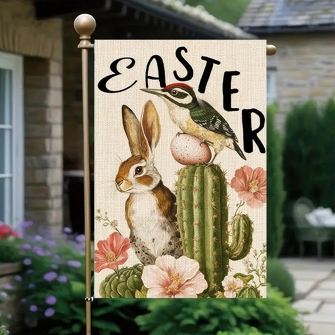Easter Garden Flag 12x18 Inch Double Sided Spring Bunny Garden Flags Bird Cactus Yard Flag for Spring Easter Decor Porch Farmhouse Outdoor Outside Decortion