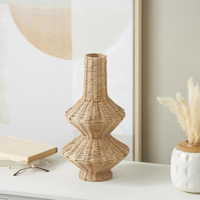 Deco 79 Rattan Handmade Decorative Vase Woven Fluted Hourglass Centerpiece Vase, Vase for Home Decoration 9" x 9" x 16", Brown