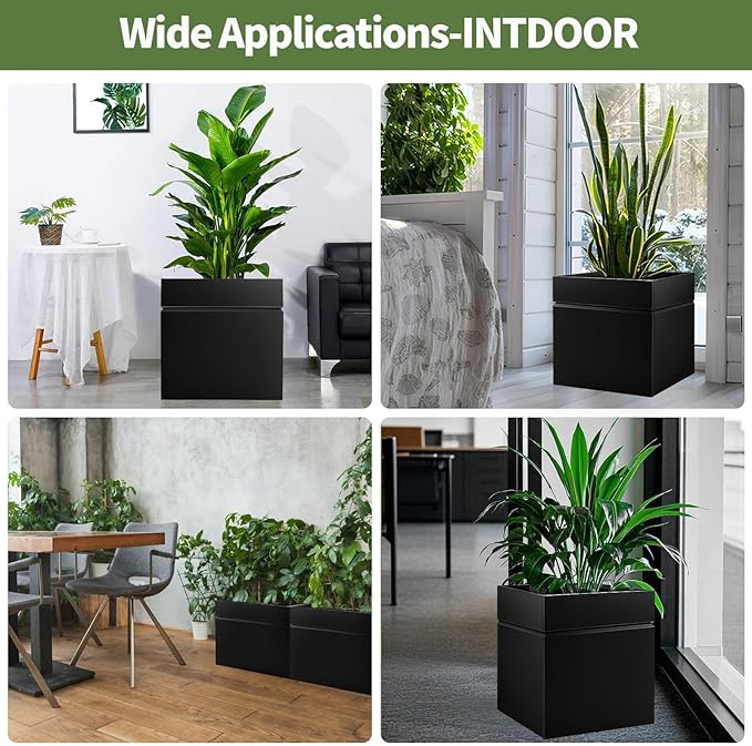 HONYTA Matel Planter Box 17" L x 17" W x 18" H, Cube Heavy Duty Powder Coating Steel Planters with Drainage Hole, Indoor Outdoor All-Weather Use for Home, Porch, Patio, Hotel(Black)