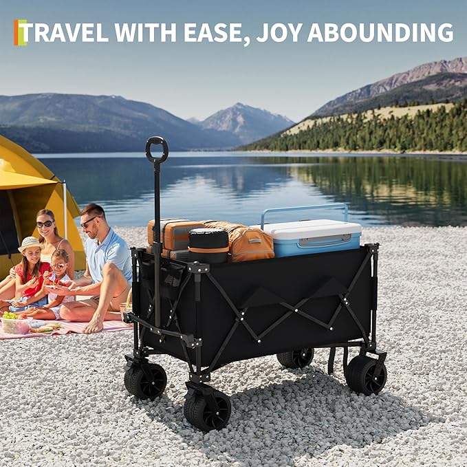 GarveeLife Heavy Duty Utility Beach Wagon Cart, Collapsible Wagon Beach with All Terrain Wheels, Extra Long WagonCart Foldable with Cup Holders for Sand