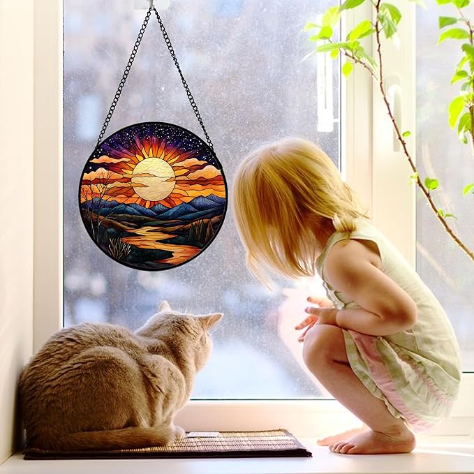 DASTOLL Stained Glass Window Hanging, The Sun Shines Brightly on Lake Sun Catchers Colorful Glass Panel Suncatcher Decor for Birthday for Women, Men, Wife, Lovers, and Mom 7.8 in