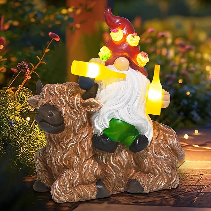 DKJOCKY Birthday Gifts for Women,Funny Garden Gnomes with Highland Cow Statues Decorations for Yard, Gnomes with Solar Lights Garden Decor, Friendships Birthday Gifts for Women Mom Unique