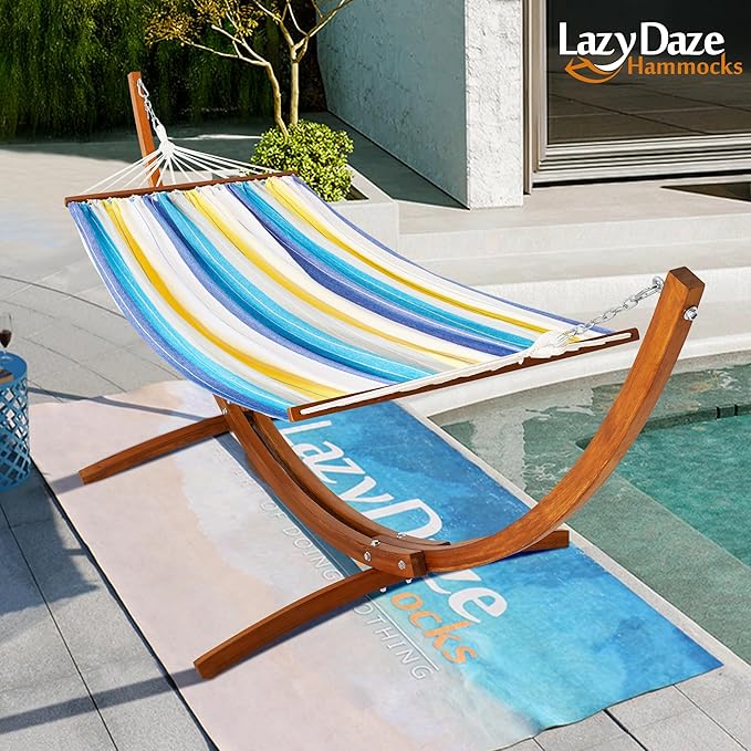 Lazy Daze Hammocks Cotton Fabric Spreader Bar Hammock and 10.5 Ft Wood Arc Hammock Stand Combo, for Outdoor, Indoor, Patio, Backyard, Blue and Yellow