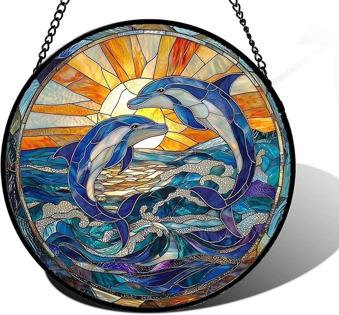 DASTOLL Stained Glass Window Hanging, Blue Dolphin Sun Catchers Colorful Glass Panel Sunrise Sea View Suncatcher Decor for Birthday for Women, Men, Wife, Aunt, and Mom 9.8 in