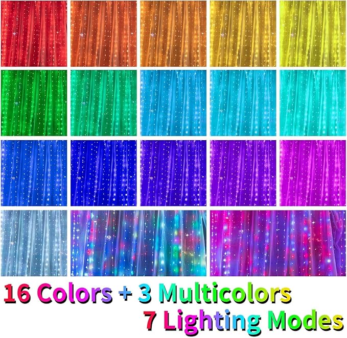 16 Colors Changing Curtain Lights - 400 LED 14.8 X 9.8 FT Fairy String, 7 Modes Twinkle with Remote, Backdrop Wall Hanging Dripping for Bedroom Backyard Halloween Christmas Decor