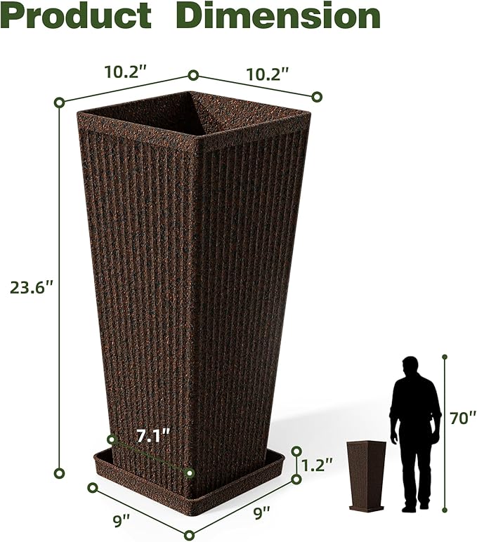 Trygoal Square Tall Planters for Outdoor Plants Set of 2-23.6" Heavy-Duty Classic Tapered Indoor Flower Pots with Drainage Holes/Partition/Tray, Large Outdoor Planters for Porch Patio Garden, Brown