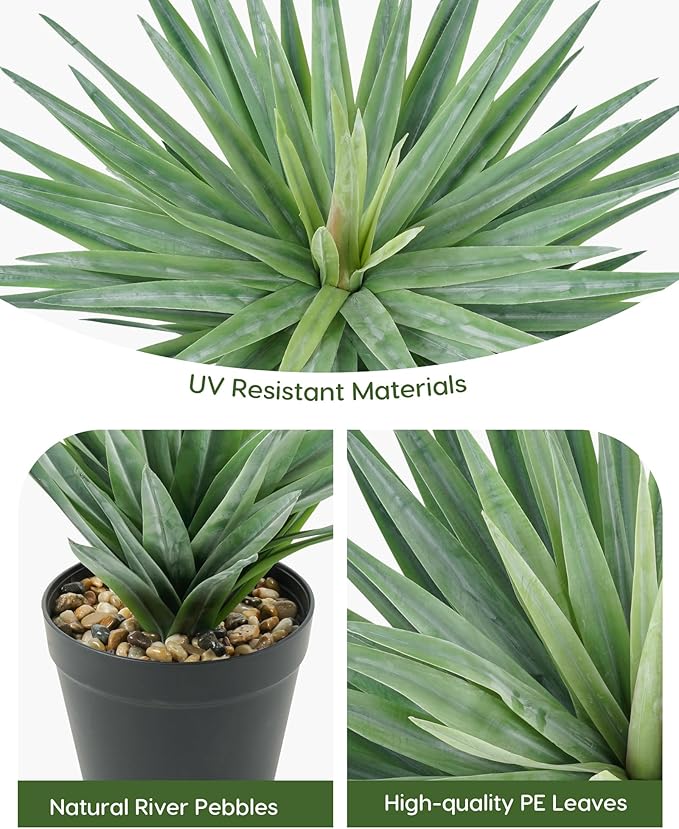 Velener Artificial Agave Plant in Black Pot with Real Stone Pebbles, Large Fake Agave Plant for Indoor and Outdoor-22 inches Tall, 105 Leaves