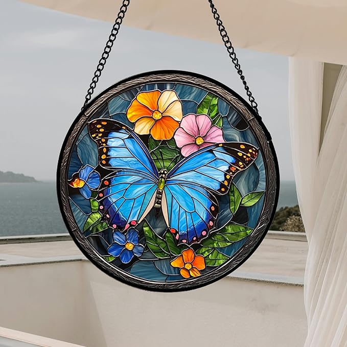 HWRHTR Stained Glass Window Hanging, Blue Butterfly Flower Suncatcher for Doors Home Sun Catchers Decoration and Christmas, Mother's Day Birthday Gifts for Women, Men, and Mom 9.8 in