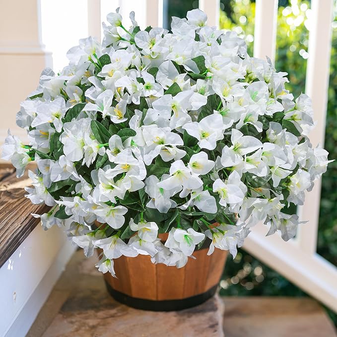 Artificial Bougainvillea Flowers for Outdoors Fake Plants, 4 Bundles White Fake Spring Flowers Silk UV Resistant Look Real Faux Flowers for Outdoor Planters Porch Patio Window Garden Outside Decor