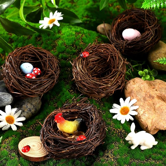 Weysat 24 Pcs Artificial Bird Nest Easter Handmade Natural Rattan Bird Nests for Easter Garden Yard Home Crafts Party Wedding Patio Succulent Planter DIY Terrarium Moss Landscape (2.36 Inch)