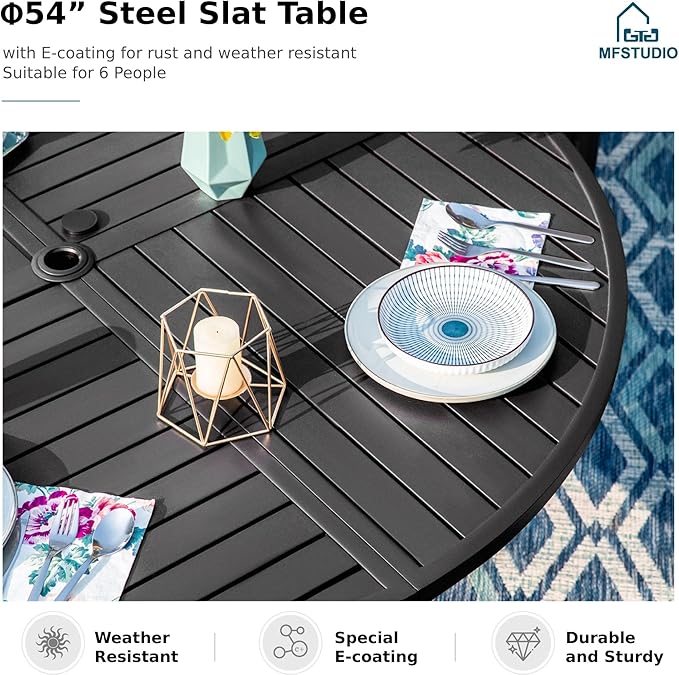 MFSTUDIO Patio Dining Set for 6, Outdoor Round Table and Chairs with Umbrella Hole, 7 Piece Outdoor Patio Dining Set for Deck, Yard, Garden