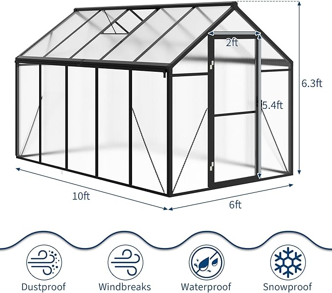 6X10 FT Greenhouse for Outdoors, Polycarbonate Flower Greenhouse with Roof Vent, Push-Pull Lockable Door, Aluminum Walk-in Greenhouses for Outside Garden Backyard, Patio, Lawn, Black