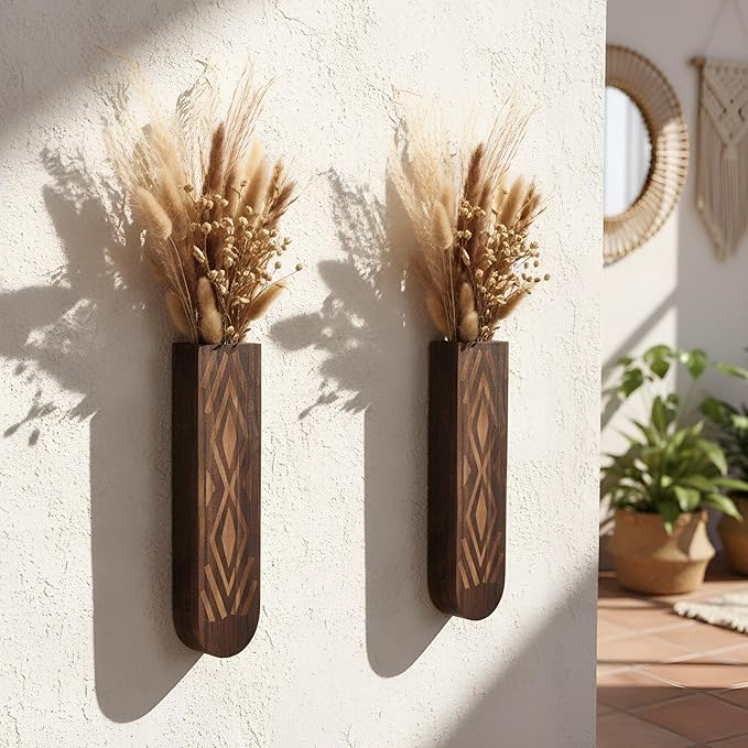 2 Pack Wooden Wall Planter Wooden Vase Set with Dried Reed Flowers Boho Wall Decor Indoor Farmhouse Decor for Entryways Hallways Bathrooms Living Rooms and Dining Rooms (Walnut Color)