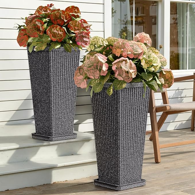 Trygoal Square Tall Planters for Outdoor Plants Set of 2-23.6" Heavy-Duty Classic Tapered Indoor Flower Pots with Drainage Holes/Partition/Tray, Large Outdoor Planters for Porch Patio Garden, Grey