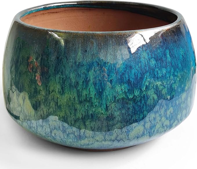 Casktcom Reactive Glaze Peacock Color 11" Ceramic Plant Pot, Large Blue Green Planter Artisan Flower Pot with Drainage Hole, Breathable Planter for Indoor Outdoor Plants