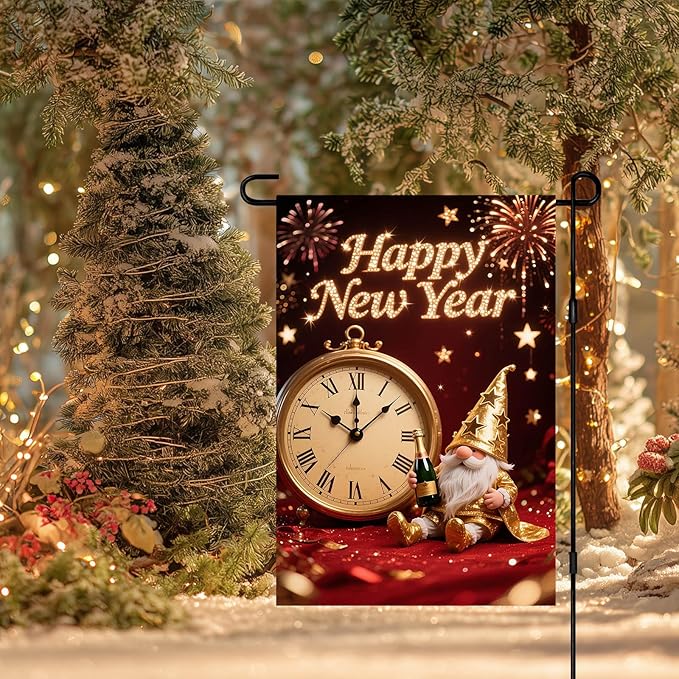 Happy New Year Garden Flag Gold Gnome Banner 12x18 Inch Double Sided Flag Outdoor Yard Decoration with Clock Image for Home Lawn Porch House Seasonal Holiday Garden Flags Outdoor Decor