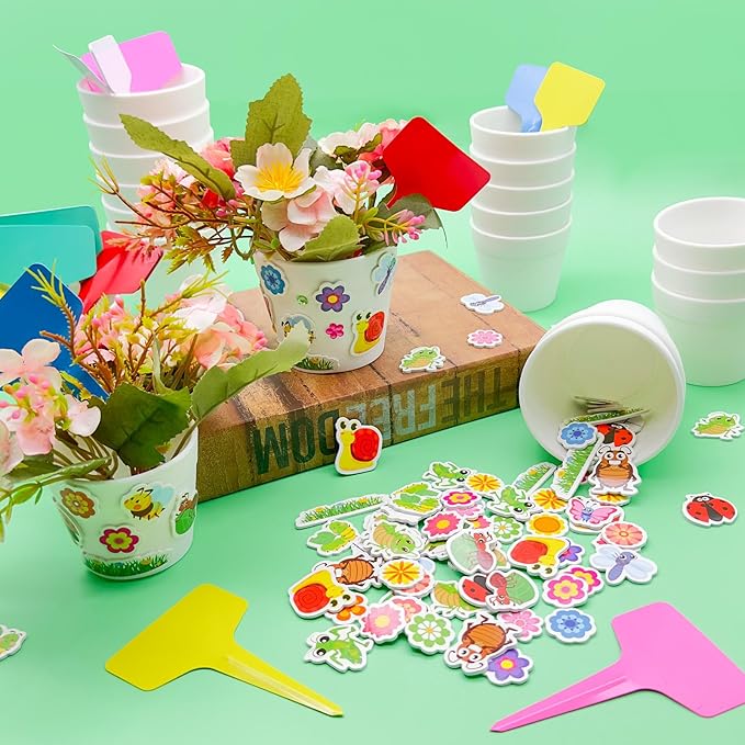 30 Set Garden Paper Pot Craft Kit，DIY Flower Plant Crafts with 216 Foam Stickers Watercolor Pens Plastic Plant Tags for Spring Summer Gardening Art Project Classroom Party Activities (Small)