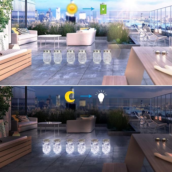 Mlambert Mason Jar Solar Lights 30 LEDs, 6 Pack Hanging Solar Lanterns Outdoor, Waterproof Fairy Lights Outdoor Lanterns for Patio Garden, Cool White