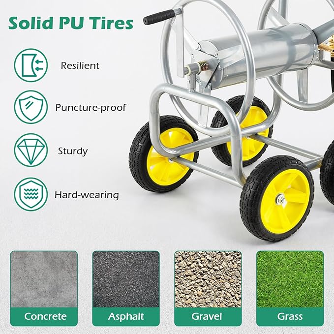 Garden Hose Reel Cart, Mobile Water Hose Cart with Heavy-duty Metal Frame & 4 Solid Wheels, Hold up to 330 ft of 5/8" Hoses, Outdoor Planting Tool for Lawn & Backyard (Silver)