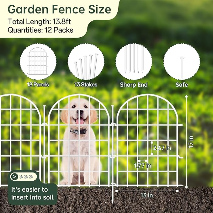 26ft(L) x 17in(H) Panels Garden Fence, 12 Panels Arched No Dig Fence, Decorative Animal Barrier Fencing with Ground Stake, Rustproof Metal Garden Edging Border for Dog, Outdoor Patio Decor, White