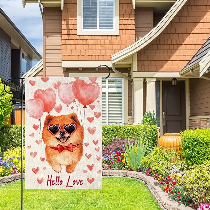 Valentine's Day Chow-Chow-Dog Hello Love Garden Flag, House Yard Plaid Love Heart Outside Decoration, Spring Holiday Wedding Anniversary Outdoor Small Decor 12x18(12654)