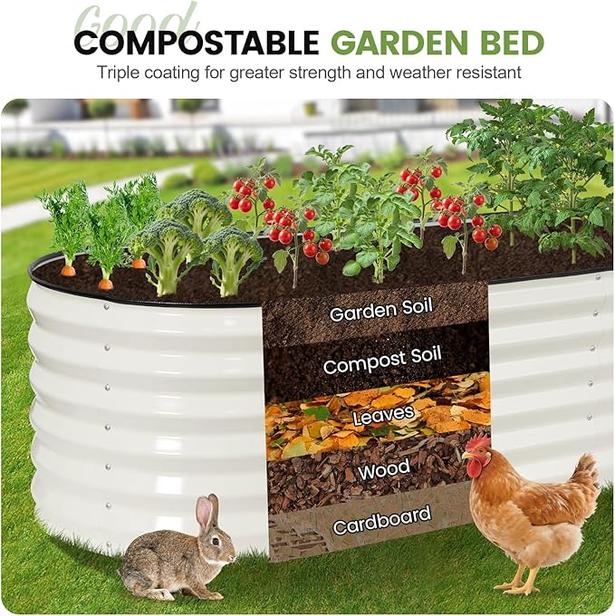 G GOOD GAIN Raised Garden Beds - 6x2x1.4ft Galvanized Planter Boxes Kit with Protective Tape & Gloves & Tools | Oval Metal Outdoor Raised Bed for Gardening Vegetables, Fruits, Flowers, Herbs, White