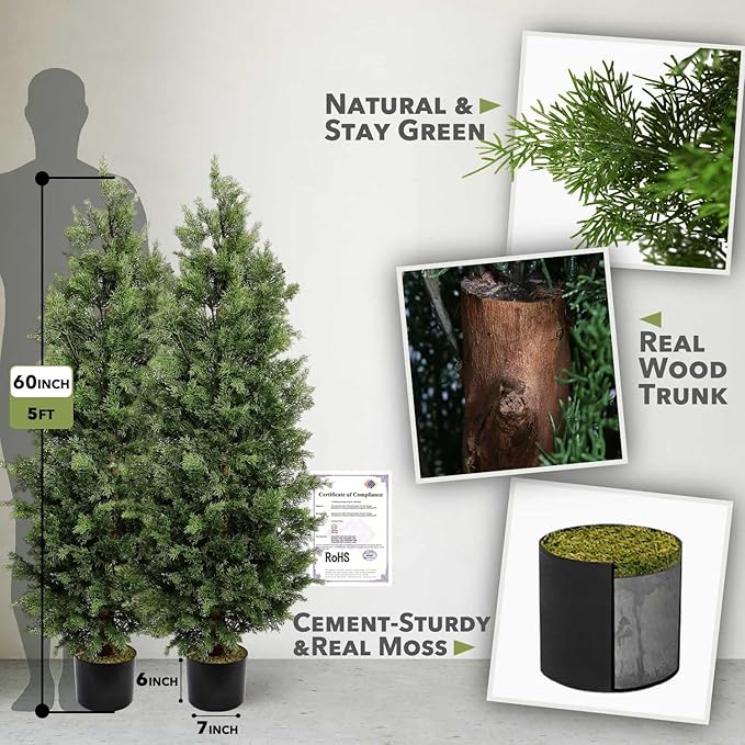 Aveyas 5ft Artificial Cedar Topiary Trees for Outdoor Front Porch Door, 5 Feet Faux Potted Plants Evergreen Fake Pine Cypress Tree for Outside Home Decor (5 ft Tall) - Set of 2 Pack