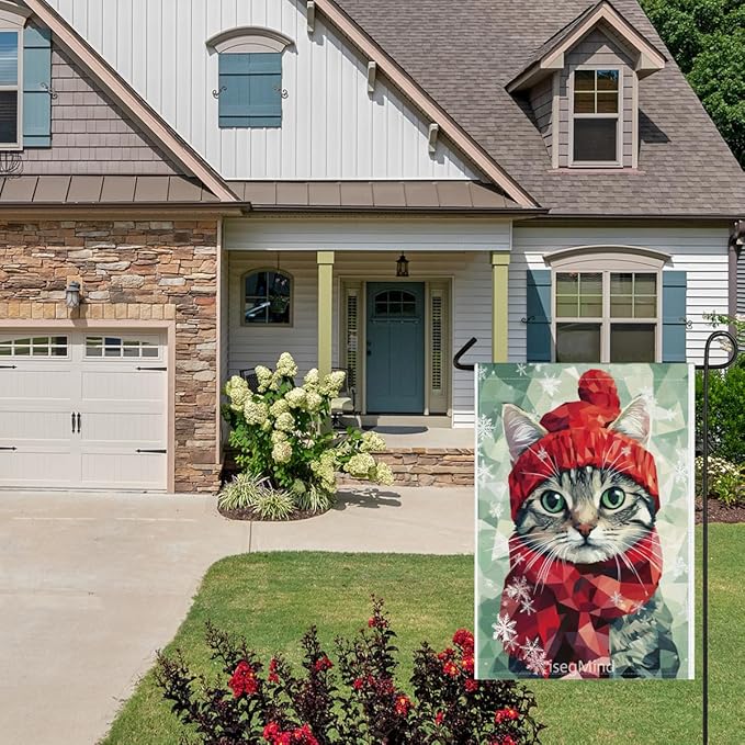 American shorthair Cat with Red Scarf and Hat Snowflake Christmas Garden Flag, 28x40 Inch Double Sided Linen Holiday Red Winter Farmhouse Yard Outdoor Decoration (4330)