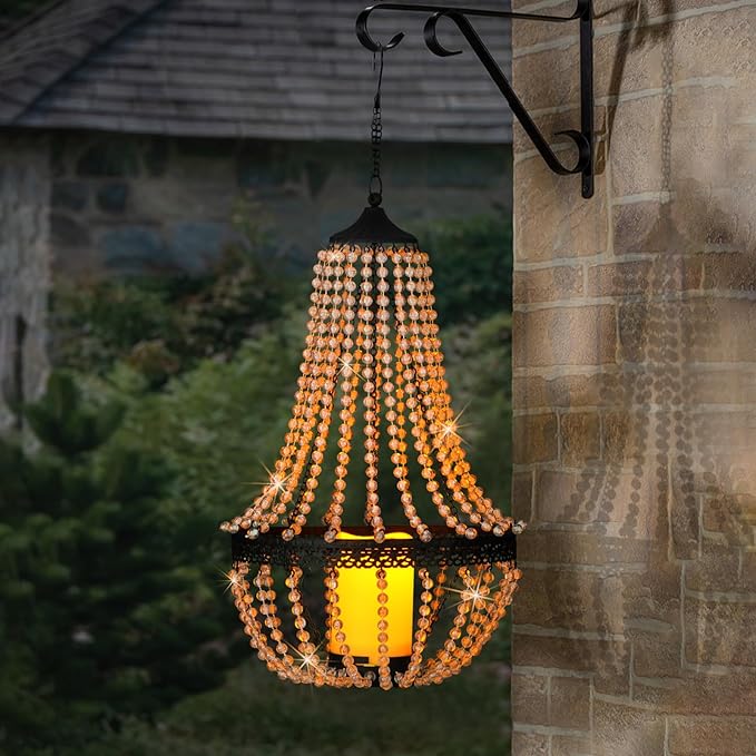 Hanging Candle Lantern Outdoor, 27” Battery Operated Modern Clear Acrylic Crystal Chandeliers with Flickering Yellow Led Candle Light S Hooks for Garden, Backyard, Gazebo, Room Indoor Indoor Decor