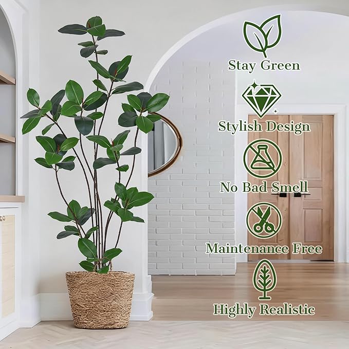 7FT Artificial Green Rubber Tree - 84" Faux Trees Indoor with 68 Lifelike Vivid Leaves and 10Heads, Tall Fake Potted Plant for Home Office Living Room Decor Housewarming Gift