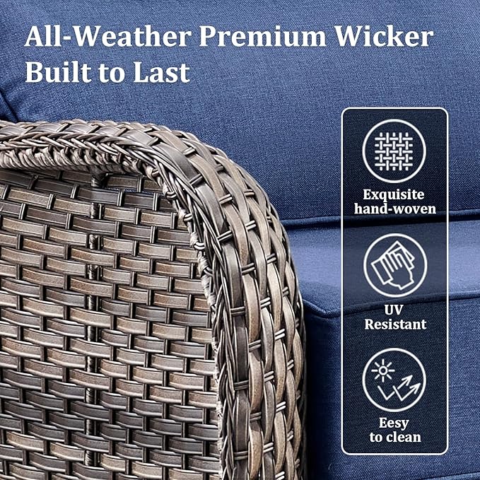 Luxury Outdoor Swivel Rocker Patio Chairs Set of 3, High Back Swivel Patio Chairs with Side Table & 6-Inch Thick Cushions, Wicker Outdoor Bistro Set for Porch, Yard, Deck, Poolside, Grey/Blue