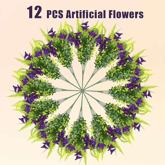 HIAGROW Artificial Flowers Outdoors 12 Bundles Artificial Petunias Fake Flowers UV Resistant Shrubs Plants with Fern for Indoor Outside Hanging Planters Home Garden Summer Decorations (Purple)