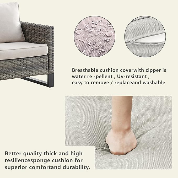 Rilyson Wicker Outdoor Patio Furniture Set - 6 Piece Patio Conversation Set with 2 Armrest Chairs,2 Rattan Ottoman,1 Couch and 1 Metal Side Table for Outside Porch Deck Backyard(Mixed Grey/Beige)