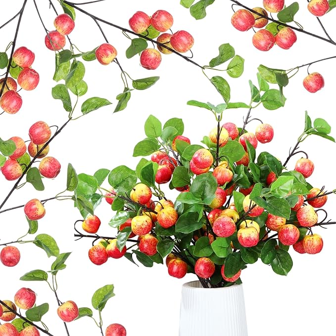 10 Pcs 27.56 Inches Artificial Fake Apple Branches Realistic Tall Apple Bouquets Tree Branch with Long Stem and Green Leaves Fruit Plant for Home Office Vase Filler Shop