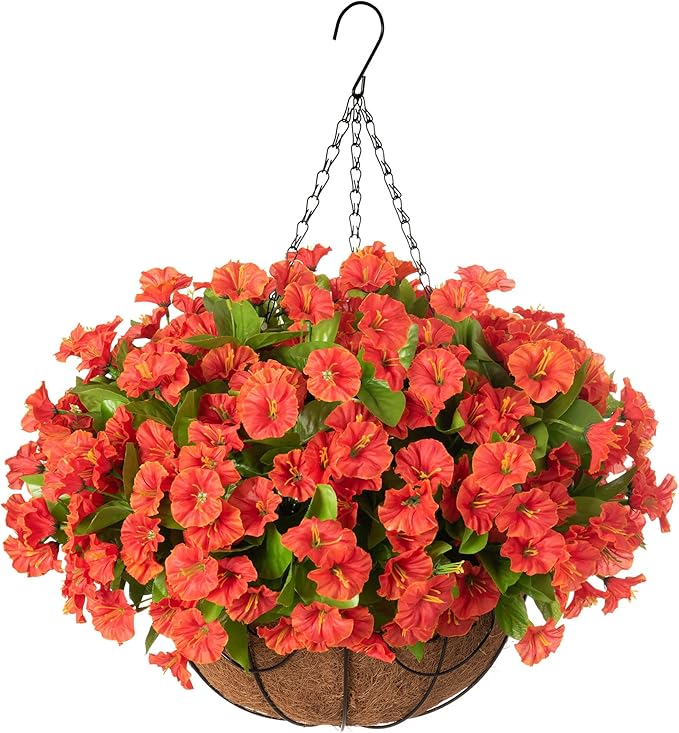 Ammyoo Artificial Hanging Flower Plants with Basket for Summer Autumn Outdoor Decoration, Faux Petunias Flowers Fake Morning Glories Planter for Outside Patio Garden Porch Balcony Yard Decor(Orange)