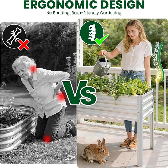 1MORE Elevated Raised Garden Bed with Legs, 48×24×32in Large Metal Raised Bed for Backyard, Patio, Balcony. Raised Planter Box with Drainage Holes for Plants Vegetables Flowers Fruits(Sliver-2pcs)