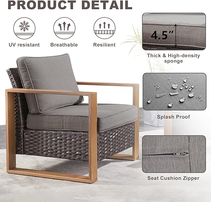 Rilyson 3 Piece Wicker Patio Furniture Set,Patio Bistro Set with 2 Rattan Armrest Chairs and 1 Side Table,Sturdy Frame,All-Weather PE Wicker,Wide Armrest,Deep Seating and Thick Cushions(Brown/Grey)