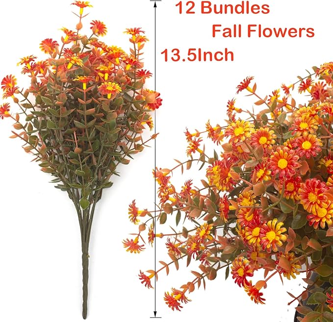 Grunyia 12 Bundles Artificial Fall Flowers for Outdoors Fake Plants - Faux Outside Greenery Boxwood No Fade Plastic Shrubs Decor Farmhouse Home Garden Thanksgiving (Fall Red)
